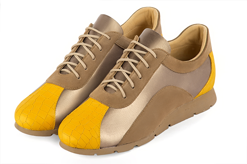 Mustard yellow, bronze gold and chocolate brown women's two-tone elegant sneakers. Round toe. Flat rubber soles. Front view - Florence KOOIJMAN